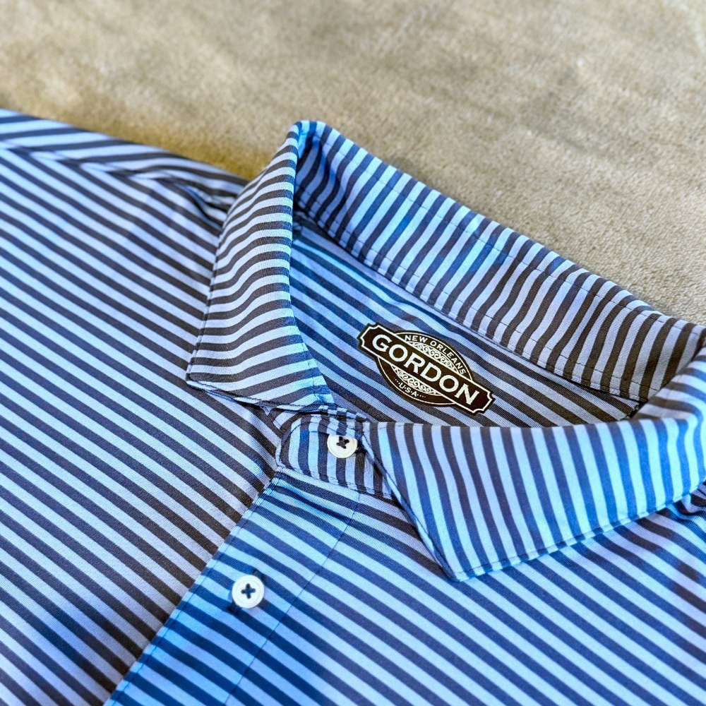 NWOT Gordon New Orleans Men's Blue Striped Performance Polo Shirt (Med)